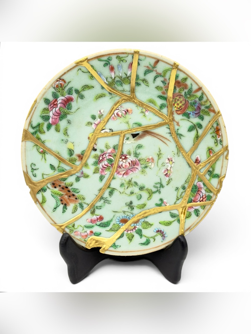 Kintsugi Plate Antique Chinese Celadon Enameled Gold Crack Art Growth Gift
